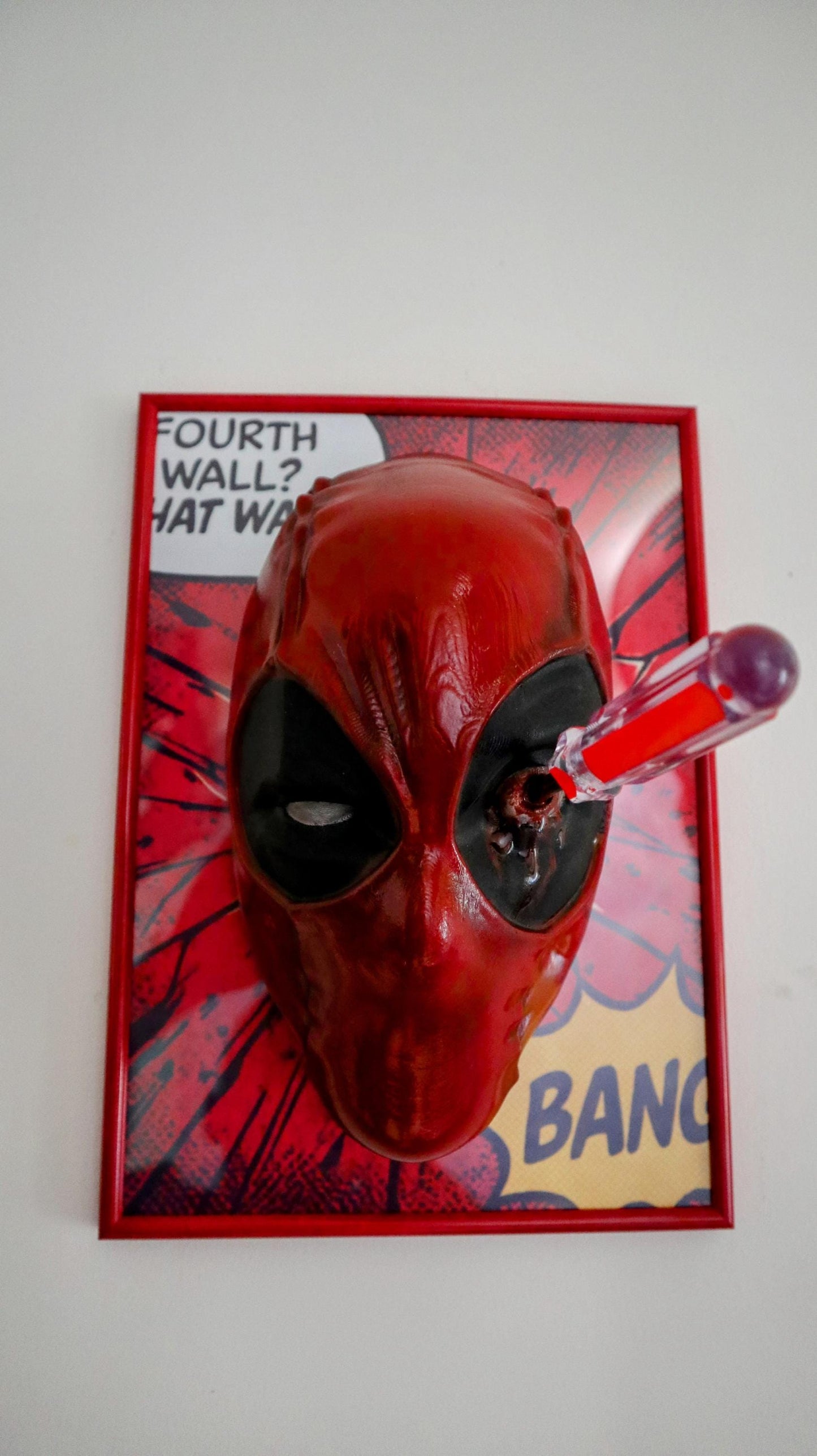 Breaking the Fourth Wall - Deadpool 3D Mask Wall Art • Red Frame • Handmade with Screwdriver in Eye