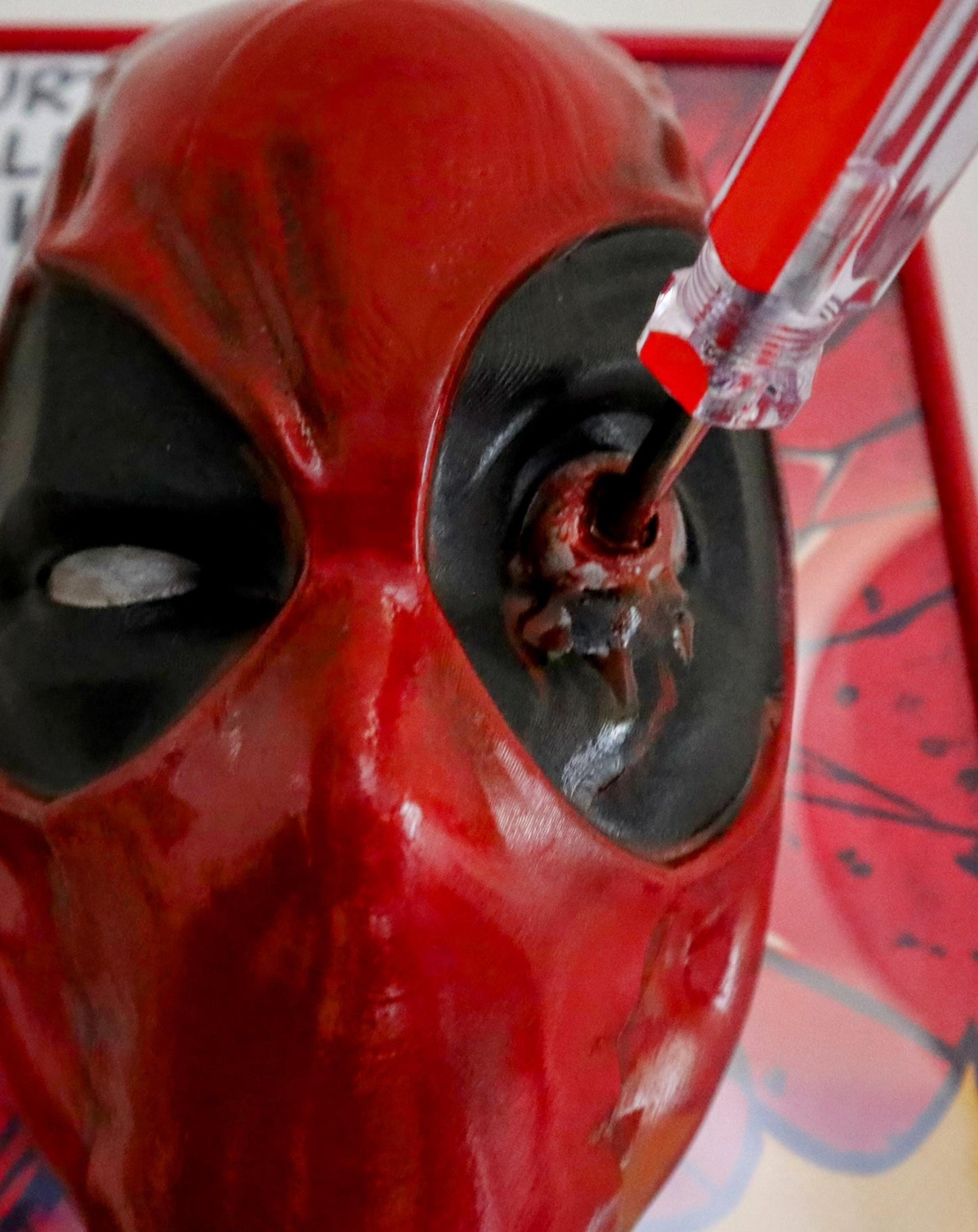 Breaking the Fourth Wall - Deadpool 3D Mask Wall Art • Red Frame • Handmade with Screwdriver in Eye