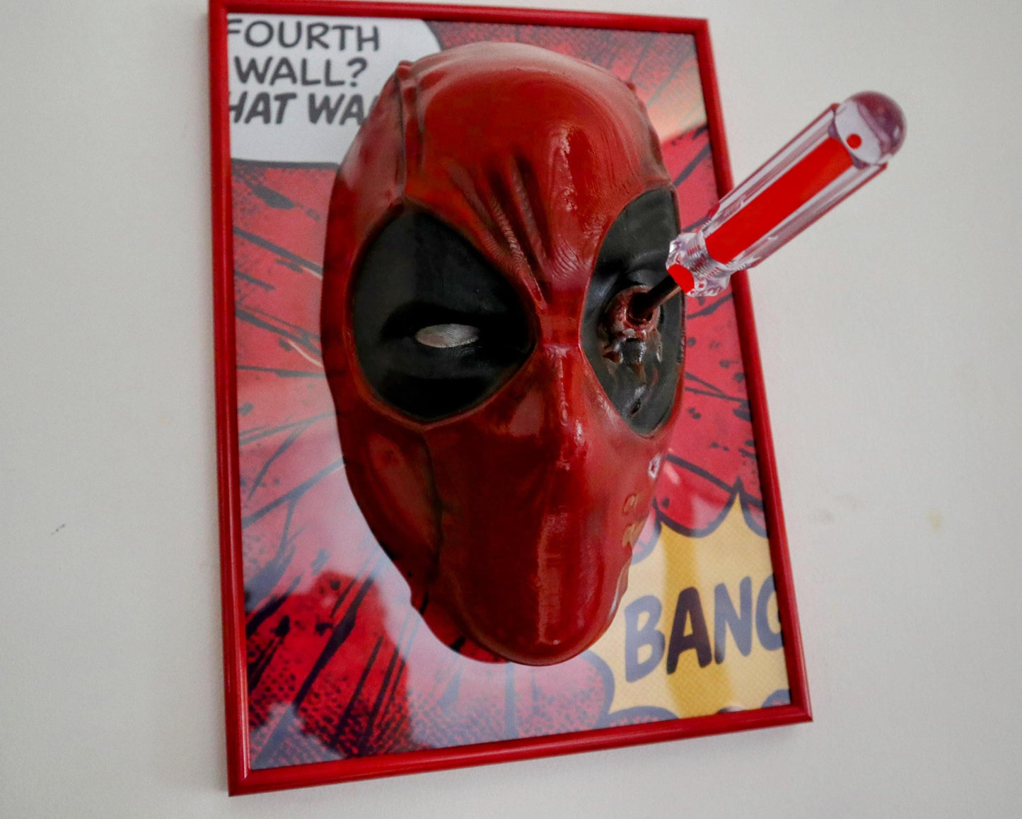 Breaking the Fourth Wall - Deadpool 3D Mask Wall Art • Red Frame • Handmade with Screwdriver in Eye