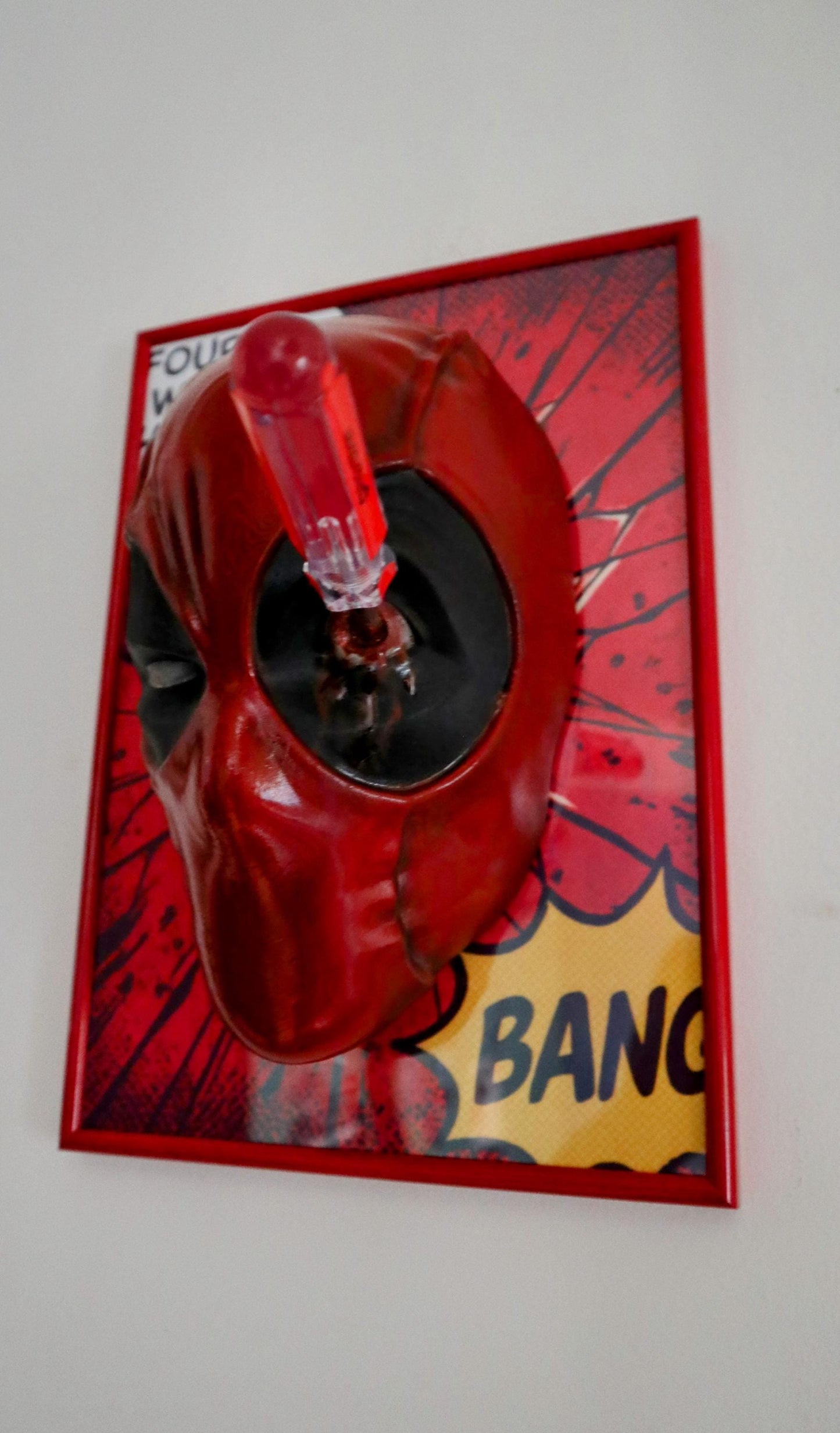 Breaking the Fourth Wall - Deadpool 3D Mask Wall Art • Red Frame • Handmade with Screwdriver in Eye