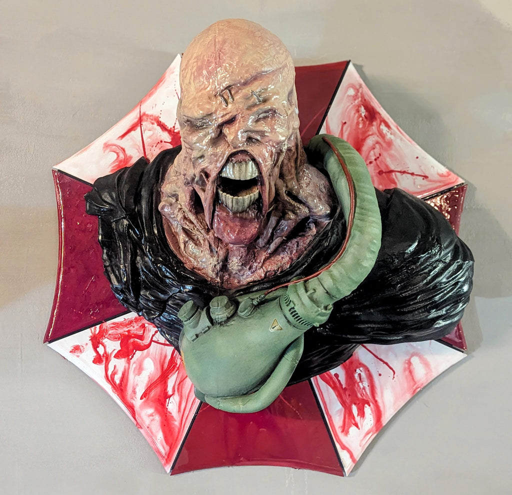 Nemesis – Resident Evil Wall Bust | Handcrafted 3D Horror Sculpture on Umbrella Logo