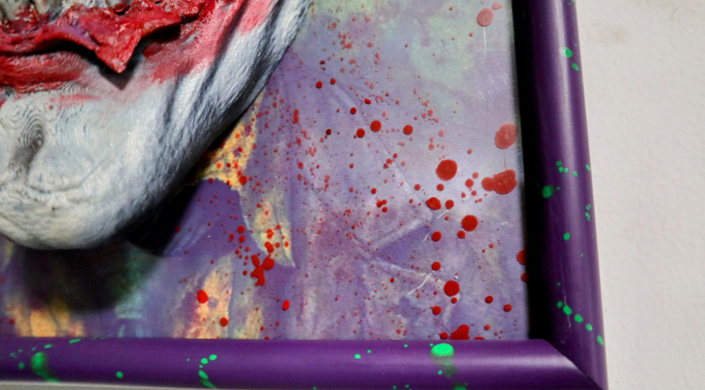 Why So Serious – 3D Joker Mask Wall Art 30×22×12 cm • Hand-Painted Purple Frame • Horror Blood Effect