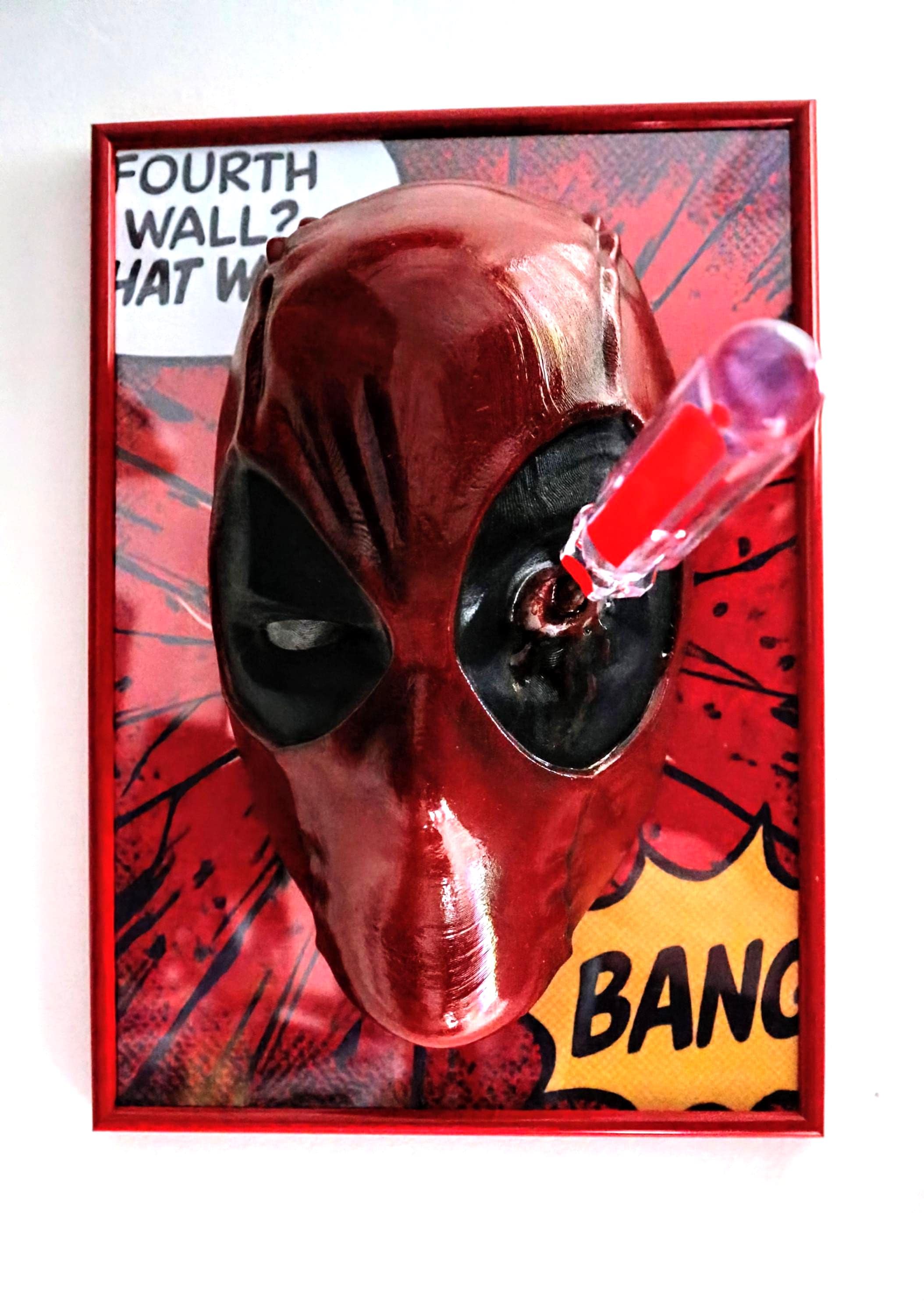 Breaking the Fourth Wall - Deadpool 3D Mask Wall Art • Red Frame • Handmade with Screwdriver in Eye