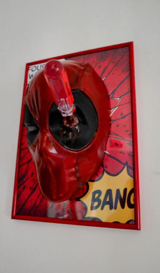 Breaking the Fourth Wall - Deadpool 3D Mask Wall Art • Red Frame • Handmade with Screwdriver in Eye