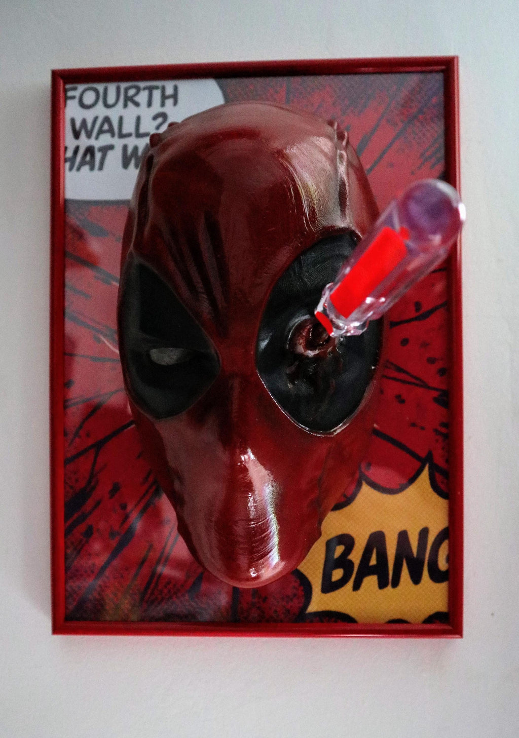Breaking the Fourth Wall - Deadpool 3D Mask Wall Art • Red Frame • Handmade with Screwdriver in Eye